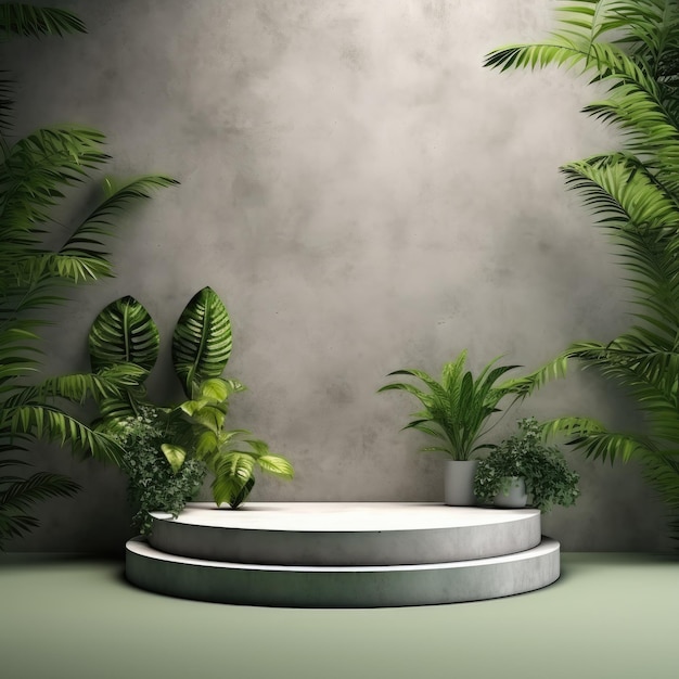 Podium de concreto em floresta tropical para apresentação de produtos em parede verde IA geradora