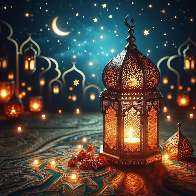 Podium de exibição com lanterna de Ramadan lua de metal e portal da mesquita Caligrafia Eid Mubarak