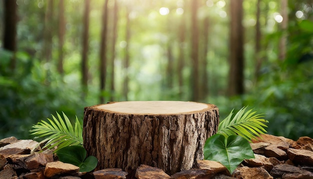 Podium de exibição de troncos de madeira com floresta tropical Presentação do produto Folhas verdes nas plantas