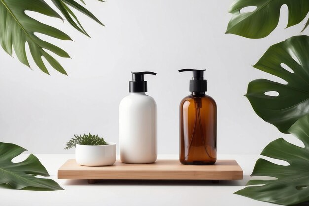 Podium de exposição de produtos de madeira com folhas de natureza garrafa de cosméticos em fundo branco