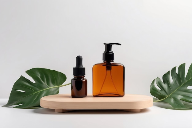 Podium de exposição de produtos de madeira com folhas de natureza garrafa de cosméticos em fundo branco