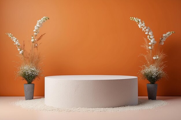 Podium de gesso decorativo com flores de gipsófila em fundo laranja