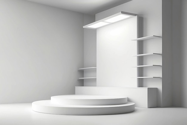 Podium de luz para prateleiras de apresentação de produtos e ilustração 3D de ambiente branco