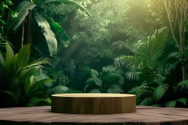 Podium de madeira em meio a uma floresta tropical ideal para apresentação de produtos contra um verde exuberante Bg