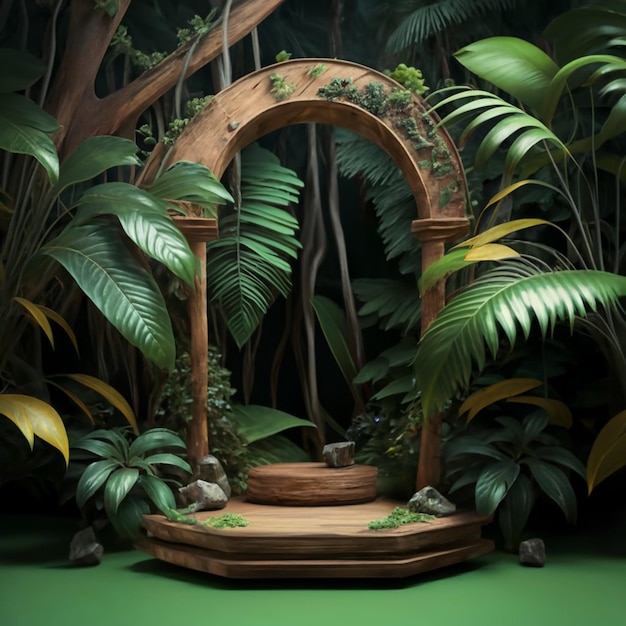 Podium de madeira Exibição de maquete de árvore para apresentação de produtos Renderização 3D realista