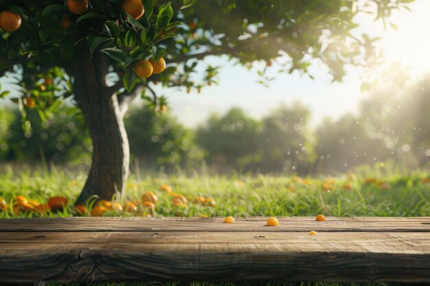 Podium de madeira exibindo produtos em uma mesa de fazenda com laranja