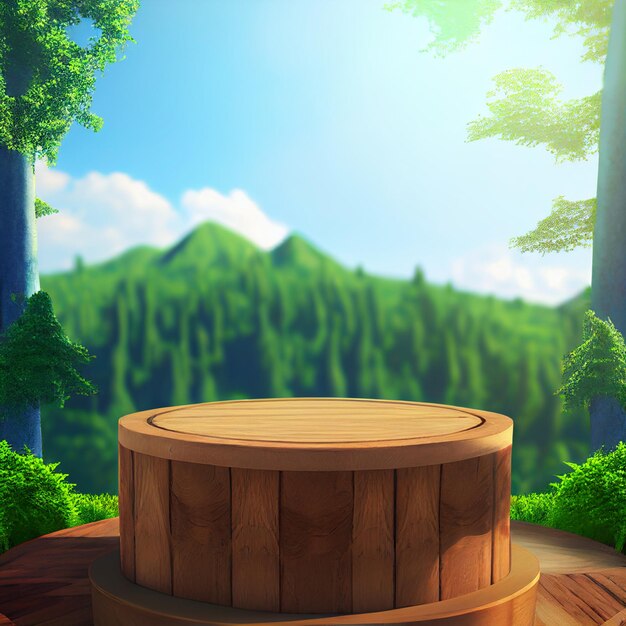 Podium de madeira na floresta em um dia ensolarado palco de exibição de produtos naturais feito de madeira plataforma vazia