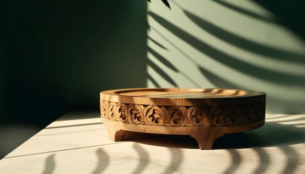 Podium de madeira redonda esculpida em teca com belos grãos em mesa verde sálvia