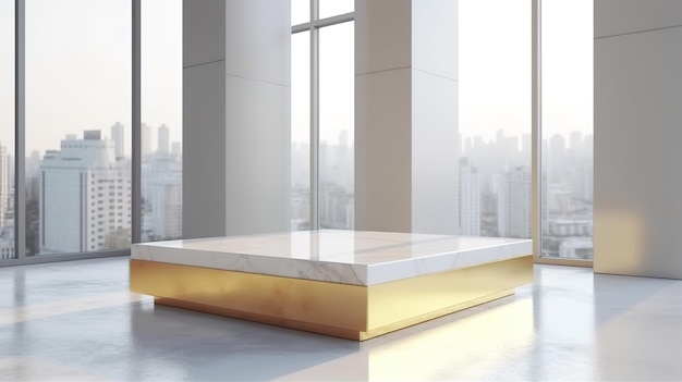 Podium de mármore claro em estilo minimalista para a apresentação de grandes produtos Podium