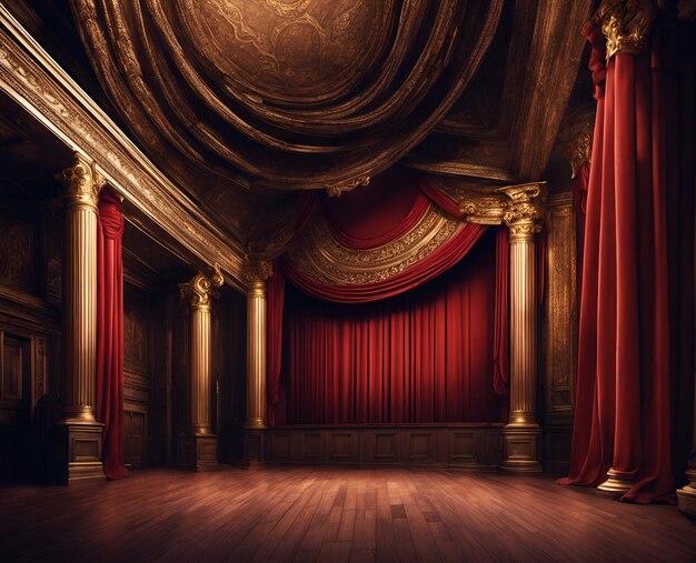 Podium de palco para apresentação em estilo de teatro com cortinas e colunas