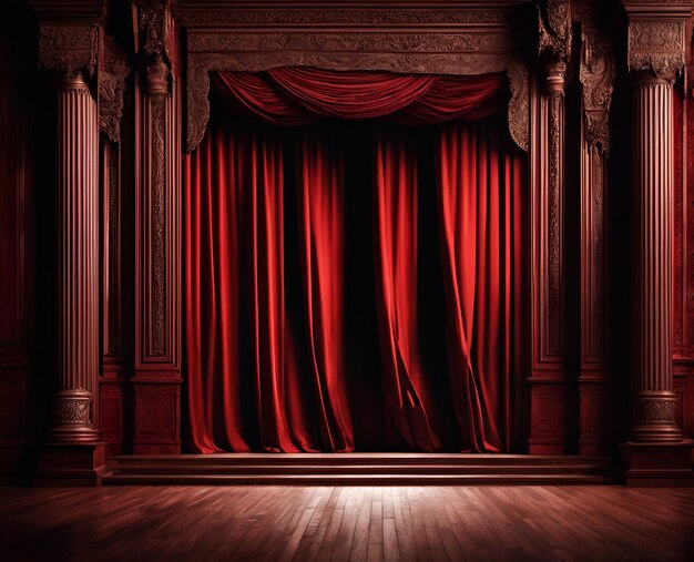 Podium de palco para apresentação em estilo de teatro com cortinas e colunas