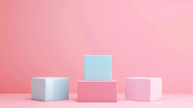 Podium de premiação feito de três formas quadradas pastel de diferentes tamanhos contra um fundo rosa em branco para espaço de cópia