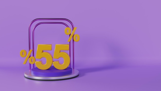 Podium de venda com desconto 55 por cento com fundo roxo