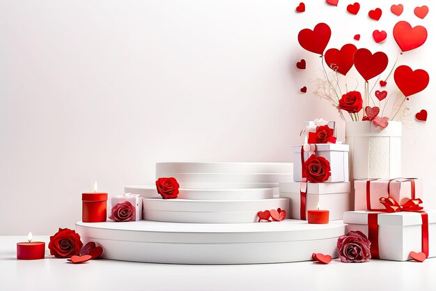 Podium para la demostración e instalación de productos con decoración para el día de San Valentín con corazones rojos