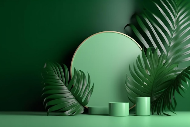 Podium-Display im grünen Metallic-Look mit 3D-Rendering der Blattproduktpräsentationsstufe