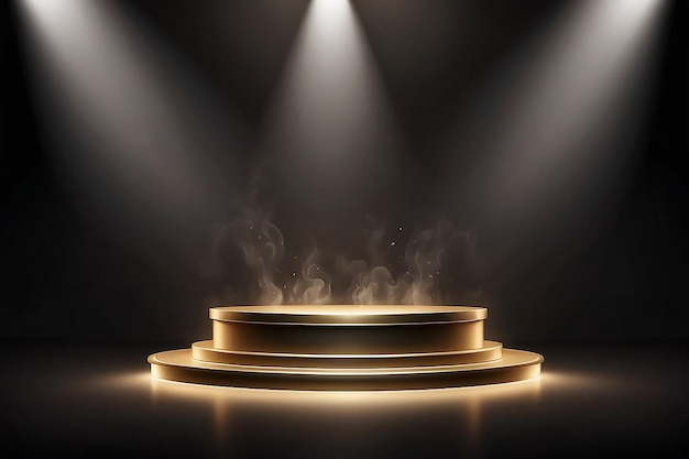 Podium dorado en fondo oscuro con humo Pedestal vacío para la ceremonia de entrega de premios Plataforma iluminada