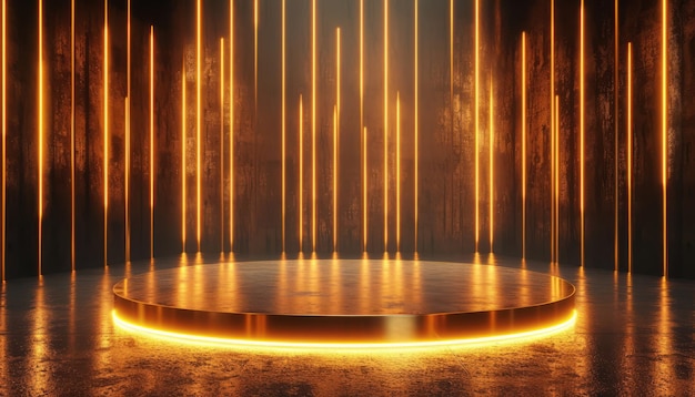 Podium dorado vacío flotando en el aire en una escena oscura con pared de líneas verticales de lámparas de neón dorado alrededor