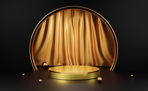 Podium dorado vacío con formas geométricas en composición negra para exhibición en el escenario moderno y maqueta minimalista fondo de vitrina abstracto Ilustración conceptual en 3D o renderización en 3D