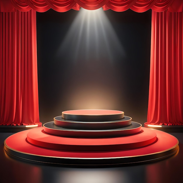 Podium de escenario en 3D y cortina roja con luz de punto brillante