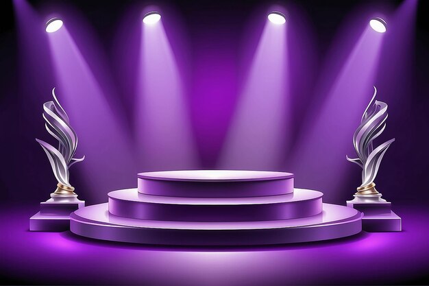 Podium del escenario con iluminación Escena del podium del escenario para la ceremonia de entrega de premios en fondo púrpura Ilustración vectorial