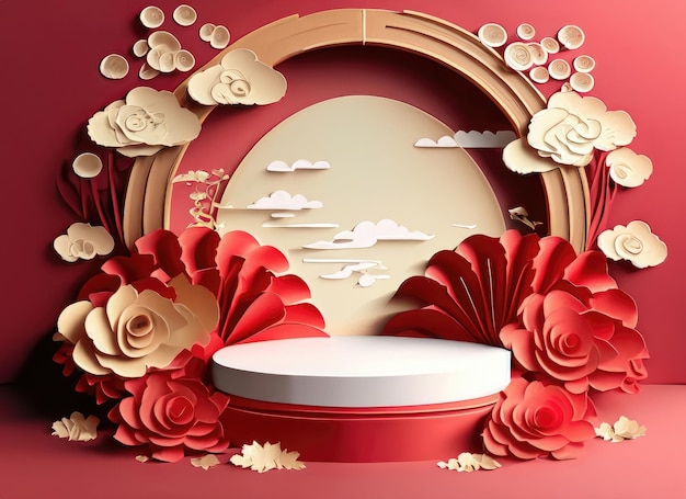 Podium escenario redondo podium y arte de papel año nuevo chino festivales de mediados de otoño festival corte de papel rojo AI generado