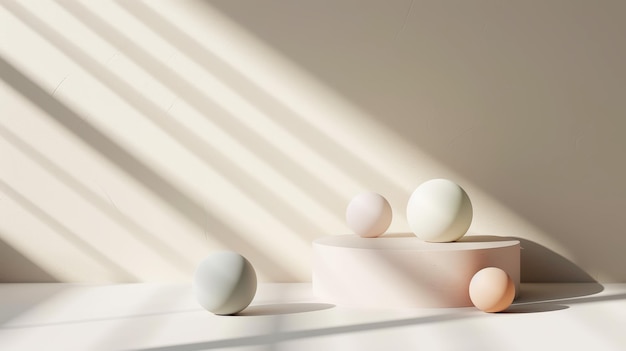 Podium estético blanco y beige con esferas mates pastel de diferentes tamaños Luxury Generative AI