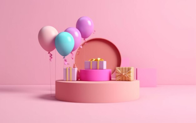 Podium de exhibición de productos con cajas de regalos y globos en fondo rosa IA generativa