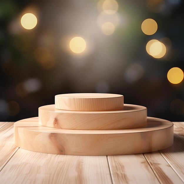 Podium de exhibición de productos de madera con fondo de bokeh de estudio borroso