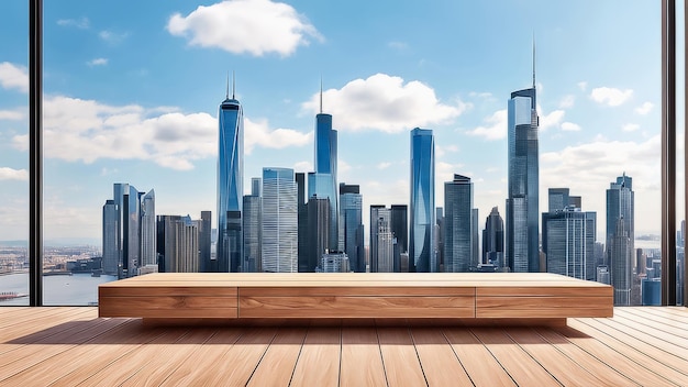 Podium de exhibición de productos de madera con el fondo borroso del horizonte del rascacielos