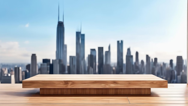 Podium de exhibición de productos de madera con el fondo borroso del horizonte del rascacielos