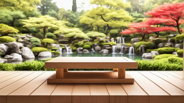 Podium de exhibición de productos de madera con fondo borroso de jardín japonés