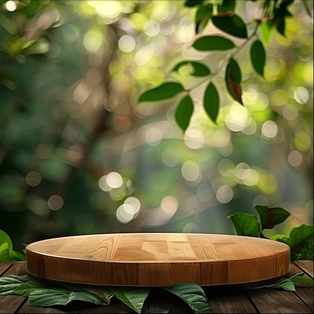 Foto podium de exhibición de productos de madera con hojas de naturaleza borrosas en el fondo