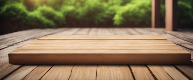 Podium de exhibición de productos de madera con setos verdes naturales y tablas de madera de fondo Generado por Ai