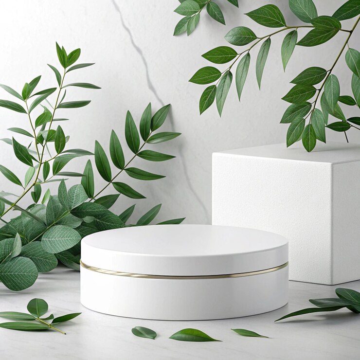 Podium de exhibición de productos minimalistas blancos con hojas verdes