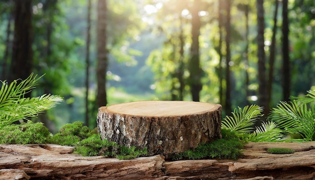 Podium de exhibición de troncos de madera con bosque tropical Presentación del producto Hojas verdes en las plantas