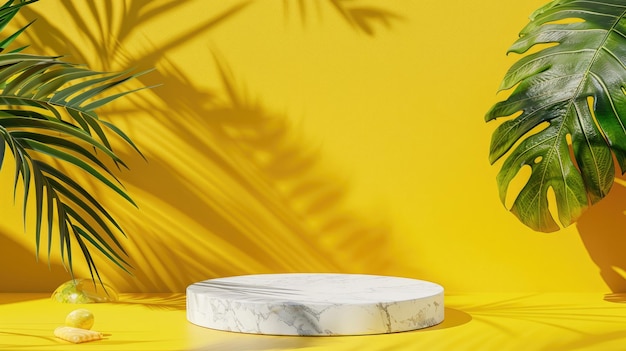 Podium de fondo amarillo con sombra de hojas de palma tropical