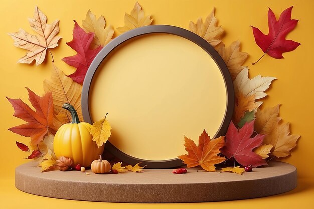 Podium para el fondo del producto de hojas de otoño en un fondo amarillo Para una tarjeta postal publicitaria de venta de banner de otoño