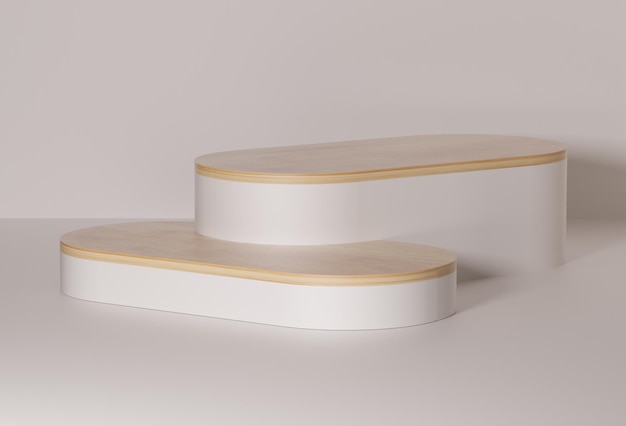 pódium fotográfico 3D con elemento de madera en fondo blanco