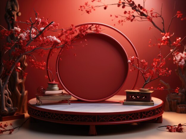 Podium für chinesisches Neujahrsprodukt in rotem Luxusstil