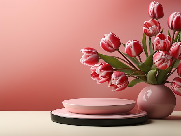 Podium für die Ausstellung von kosmetischen Produkten auf rosa Hintergrund mit Tulpenblumen zur Dekoration