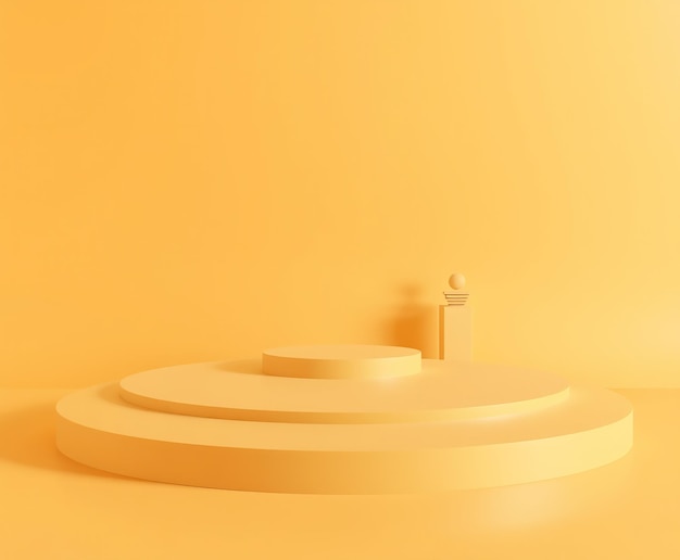 Podium geométrico minimalista amarillo con una esfera dorada en la parte superior para la exhibición de productos