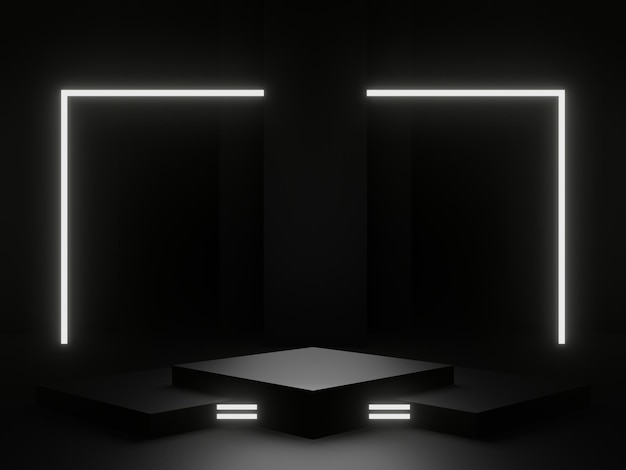 Foto podium geométrico negro en 3d con luces de neón blancas