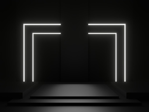 Podium geométrico negro en 3D con luces de neón blancas