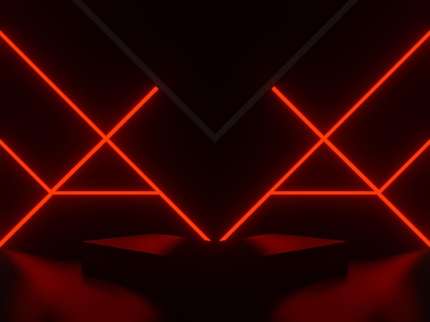 Podium geométrico negro en 3D con luces de neón rojas