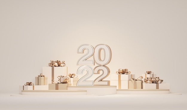 Podium-Geschenkbox und Pastellhintergrund 3D-Rendering für Weihnachten und ein glückliches neues Jahr 2022