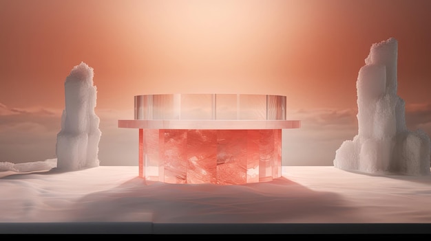 Foto podium de hielo suavemente iluminado coral silenciado para la exhibición de artículos de bienestar natural