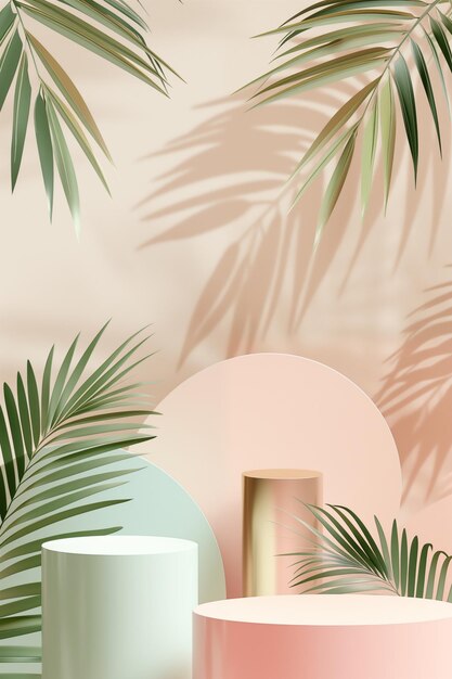 Podium-Hintergrund für die Ausstellung von kosmetischen Produkten mit tropischen Palmblättern