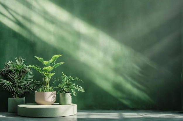 Podium de hormigón verde con plantas de interior en el fondo de la pared verde