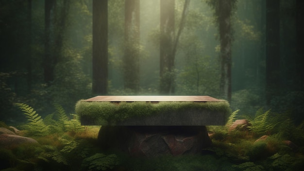 Podium im tropischen Wald für die Produktpräsentation und ein Licht, das von oben kommt