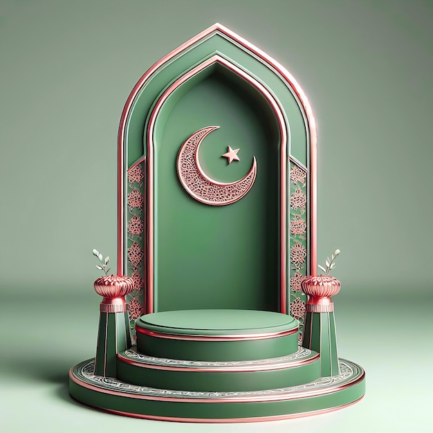 Podium islámico elegantemente diseñado en verde con acentos dorados con una forma cilíndrica para